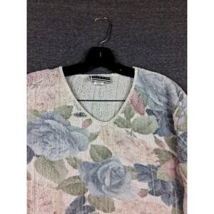 VTG Carly Blake Womens Sweater M Blue Pastel Floral USA Cottage Core Garden